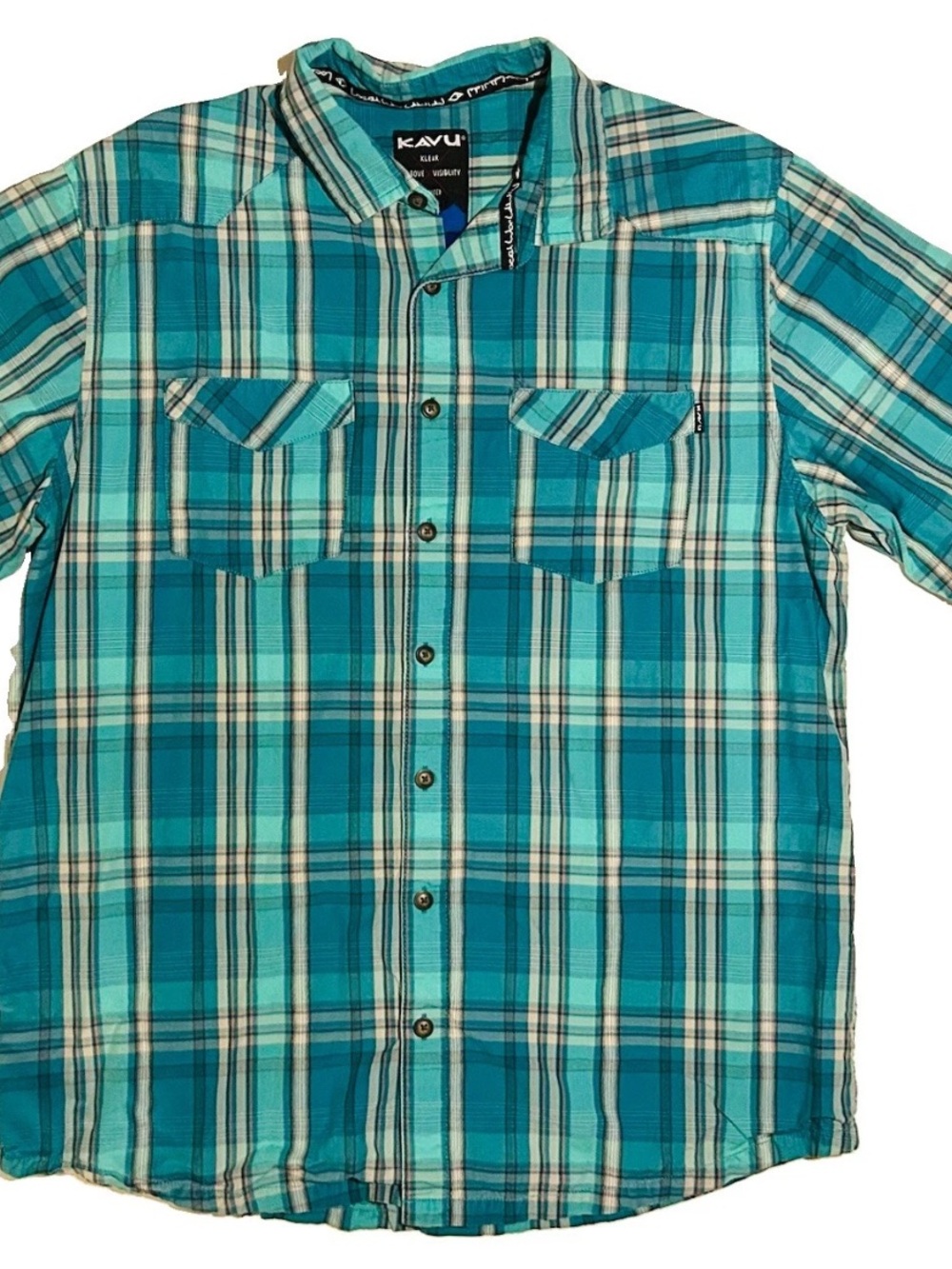 Kavu Turquoise Plaid Shirt Mens Size XL Short Sleeve Button Up Cotton Hike Gorp